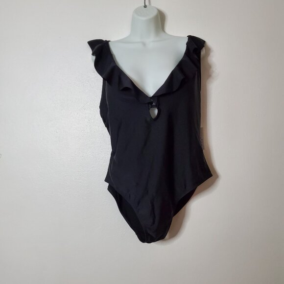 Shade & Shore Women's One Piece Swimsuit XL Black Ruffle Plunge NWT Medium Seat - Picture 9 of 16